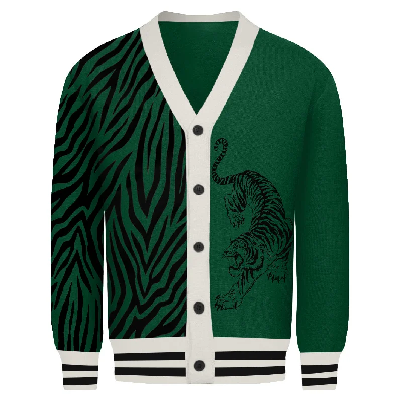 Men's Sweaters with Ribbed WaistbandsMen's green tiger print jacquard knit cardigan sweater