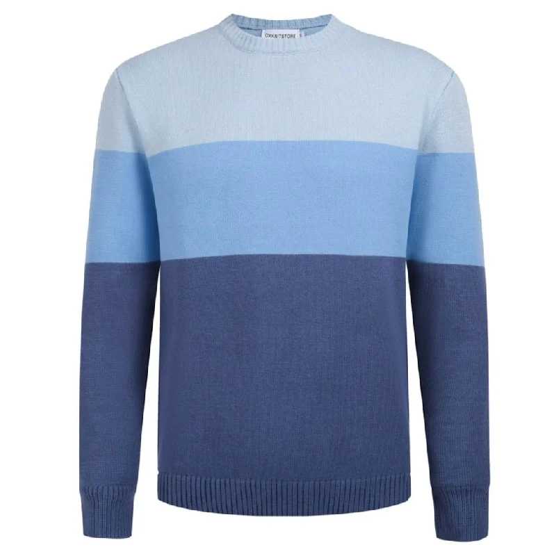 Men's Sweaters in Metallic ColorsMen's Classic Blue Gradient Knit Sweater – Soft and Stylish Color Block Pullover for Timeless Comfort