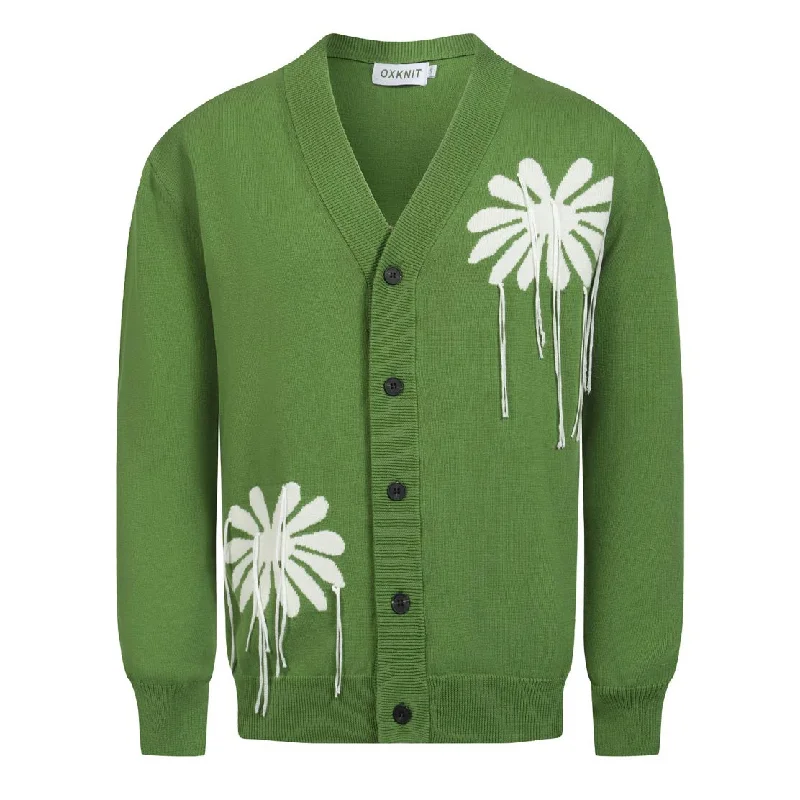 Men's Sweaters with Adjustable HemlinesMen's green floral fringe cardigan sweater