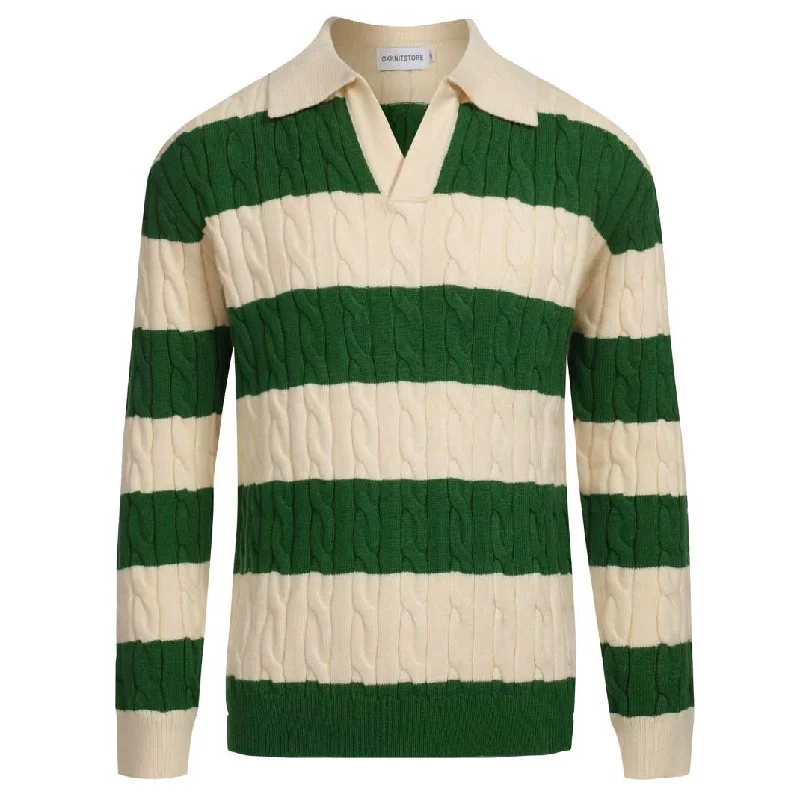 Men's Sweaters with EmbellishmentsMen's green striped twist V-neck sweater