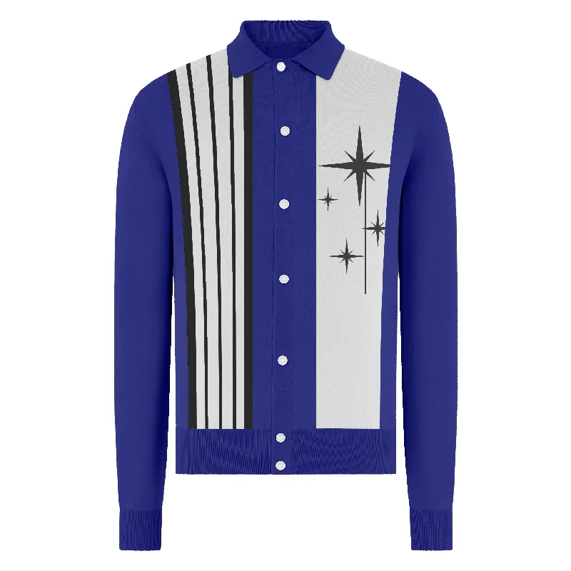 Men's Sweaters with Thumbholes in SleevesMen's blue 50s jacquard long-sleeved cardigan