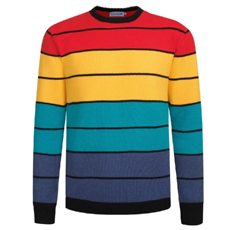 Men's Sweaters with Fold-Over CuffsMen's Colorful Striped Knit Sweater – Bold and Stylish Retro Pullover for a Vibrant Look