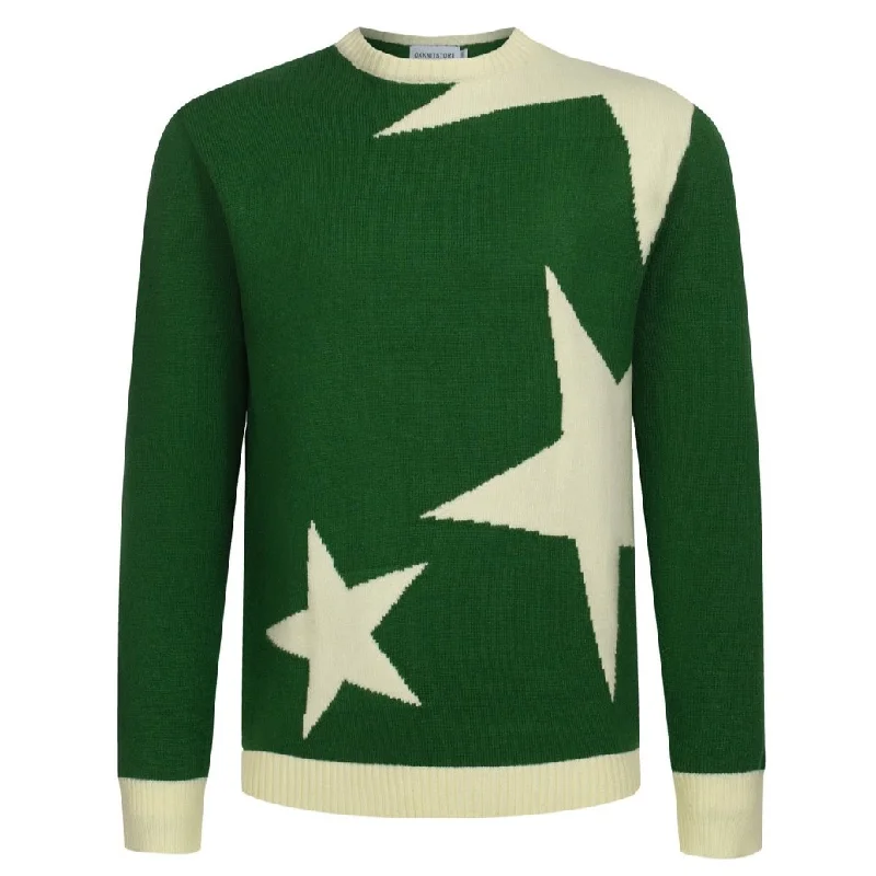 Men's Sweaters with High-Low HemlinesMen's Green Star Pattern Sweater – Bold Graphic Knit Pullover with Retro Design for Modern Style