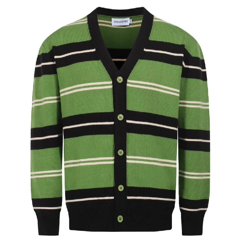 Men's Sweaters in Pastel ShadesMen's Striped Knit Cardigan – Classic Green and Black Retro Button-Up Sweater for Timeless Style