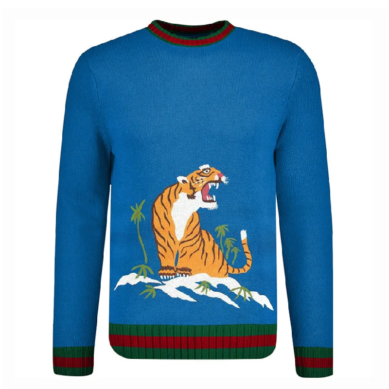 Men's Sweaters with Stand-Up CollarsMen's blue vintage tiger jacquard knit sweater