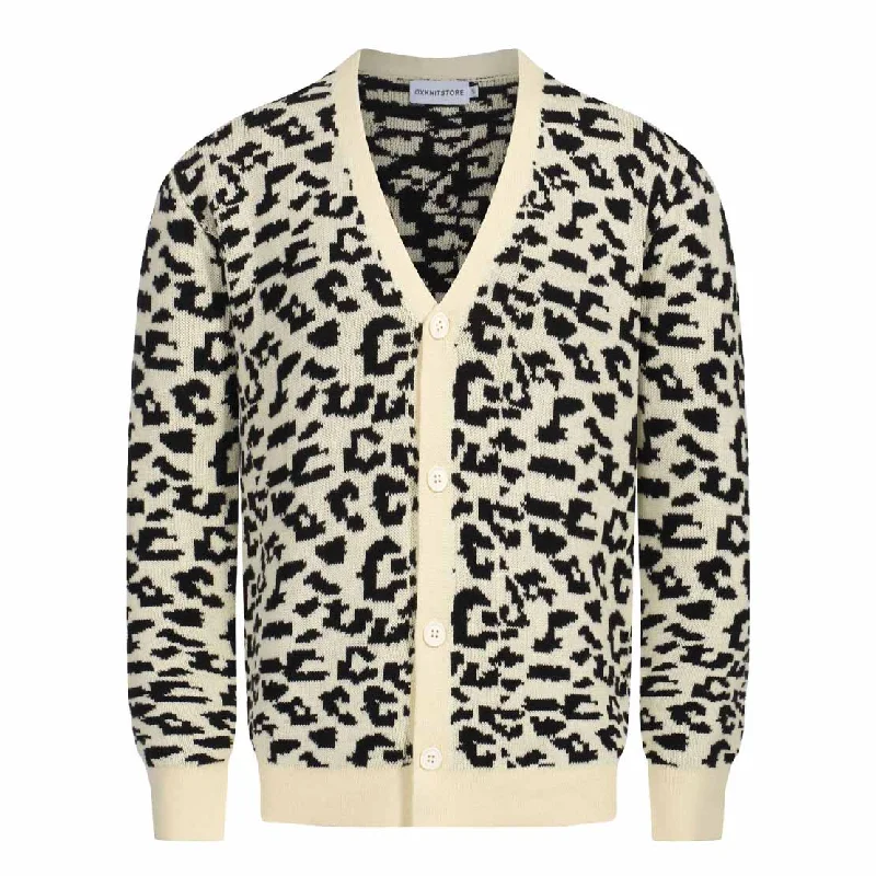 Men's Sweaters for Mild WeatherMen's vintage leopard print jacquard cardigan sweater