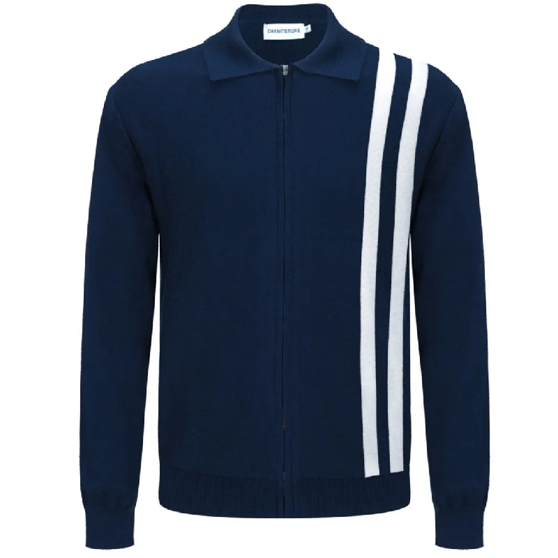 Men's Sweaters for SpringMen's Dark Blue Knitted Zip Cardigan With Double White Racing Stripes