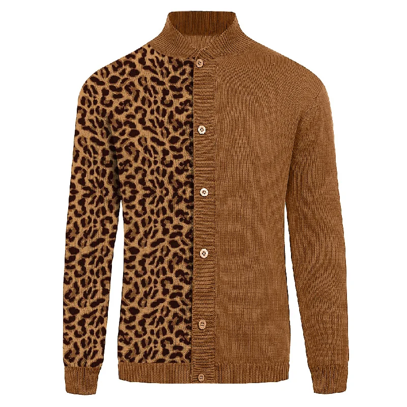 Men's Sweaters with SnapsMen's brown leopard print matching sweater coat