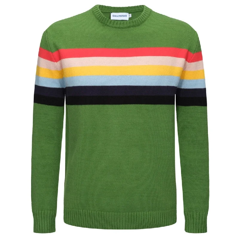 Men's Sweaters with Long SleevesMen's Rainbow Striped Chest Print Green Sweater