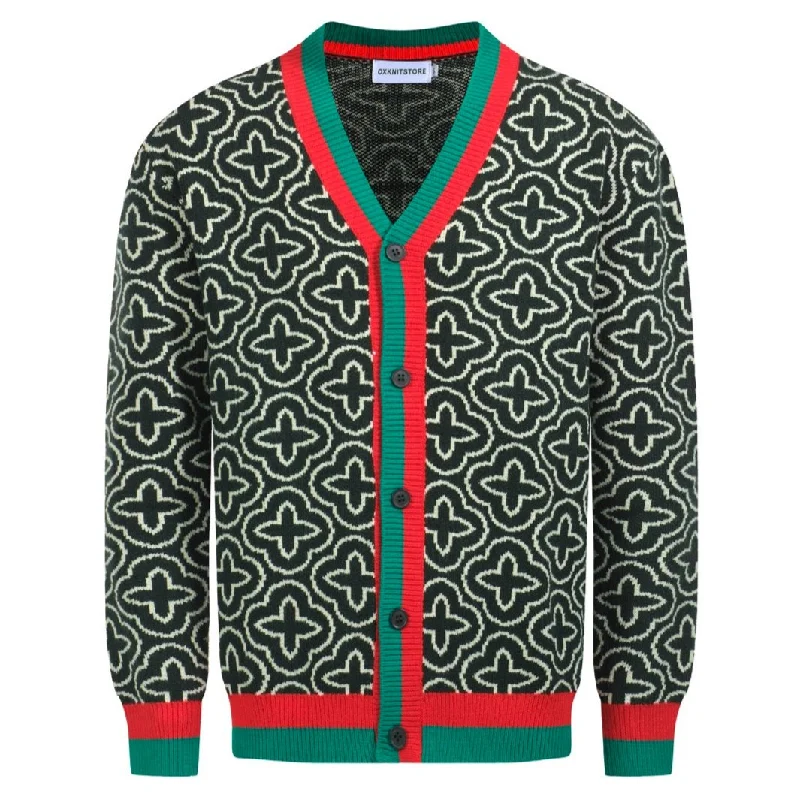 Men's Sweaters with Ribbed CuffsMen's green jacquard contrast knit cardigan sweater