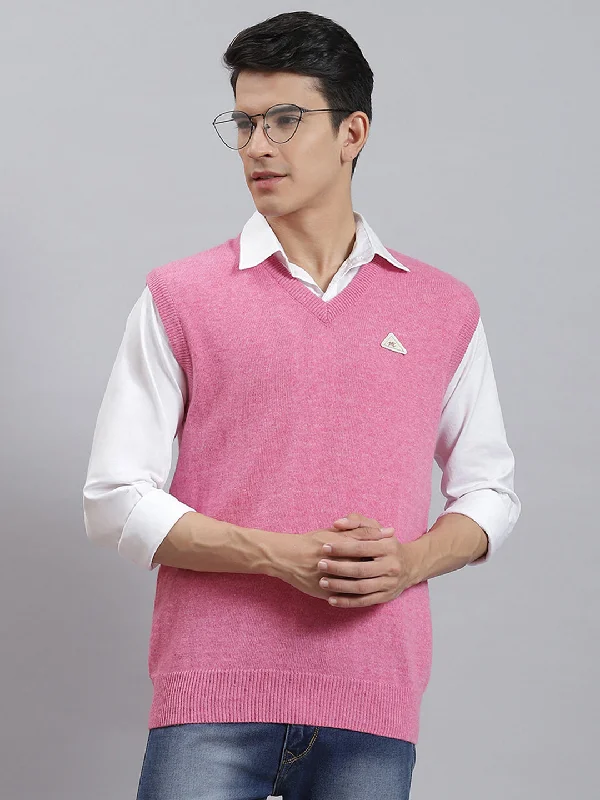 Layered Men's Vest SweatersMen Pink Solid V Neck Sleeveless Sweaters/Pullovers