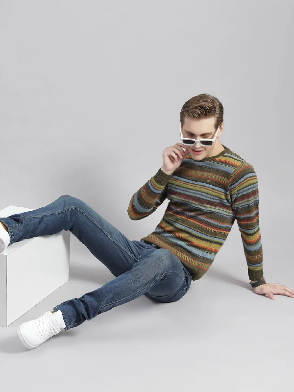 Men's Sweaters with Zippered PocketsMen Olive Stripe Round Neck Full Sleeve Sweaters/Pullovers