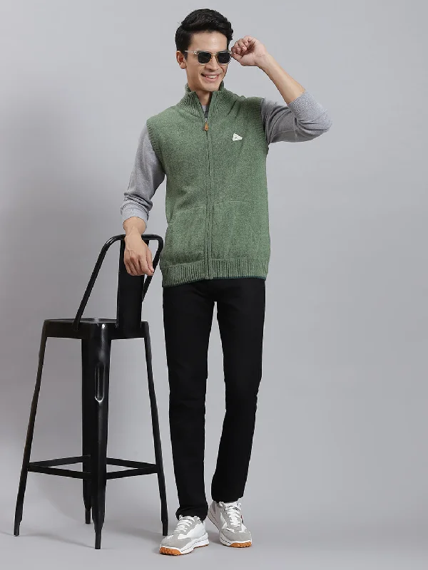 Lightweight Men's Cardigan SweatersMen Green Solid Stand Collar Sleeveless Sweaters/Pullovers