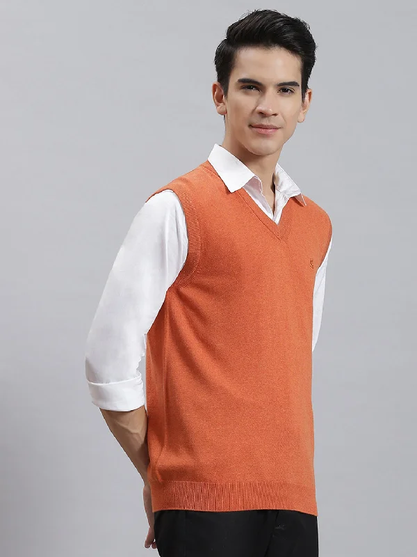 Men's Sweaters with Ribbed CuffsMen Rust Solid V Neck Sleeveless Sweaters/Pullovers