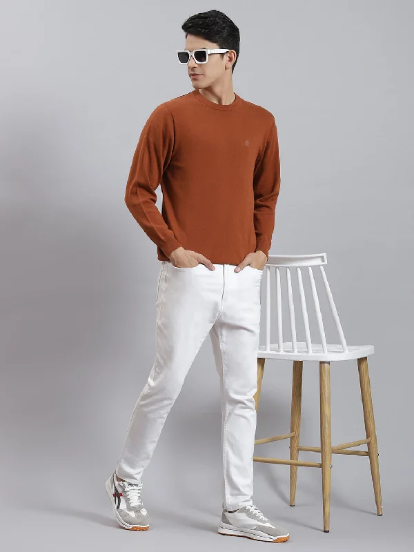 Men's Sweaters with High-Neck DesignsMen Rust Solid Round Neck Full Sleeve Sweaters/Pullovers