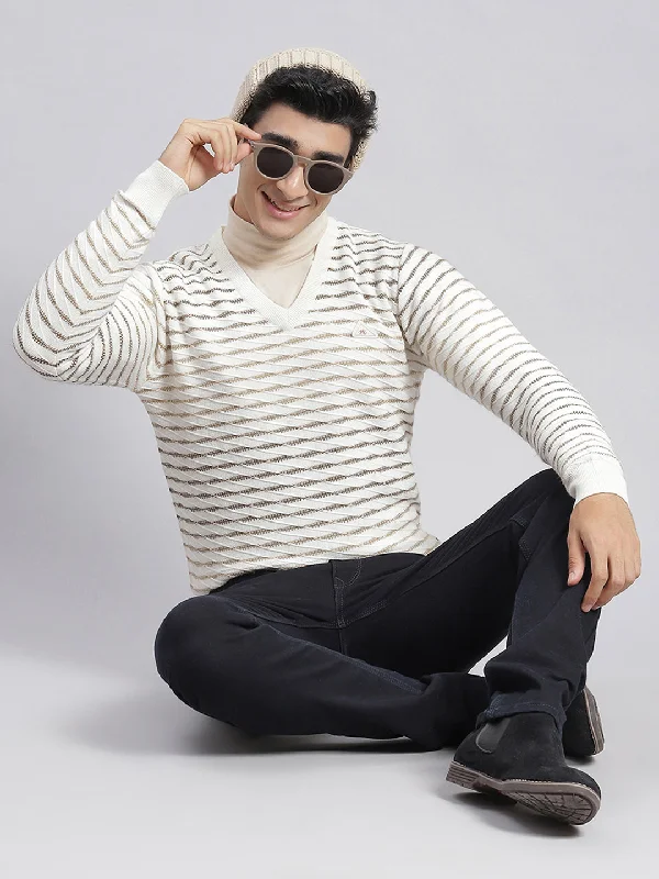 Durable Men's Acrylic SweatersMen White Self Design V Neck Full Sleeve Sweaters/Pullovers