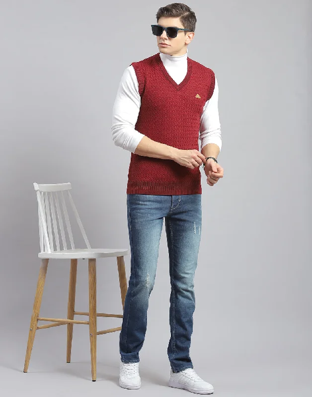 Men's Sweaters for Everyday WearMen Maroon Self Design V Neck Sleeveless Sweater