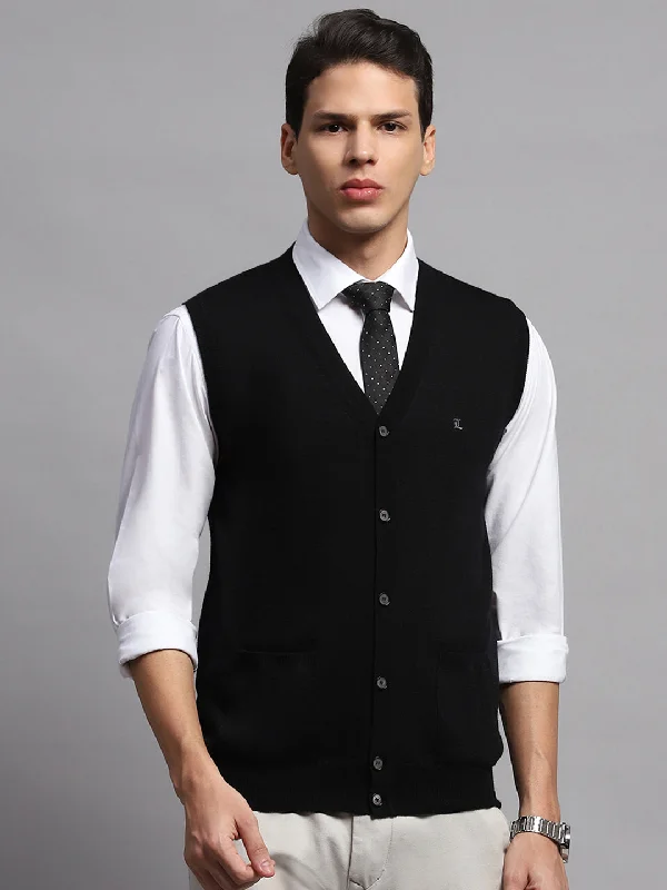 Men's Sweaters with ThumbholesMen Black Solid V Neck Sleeveless Cardigan