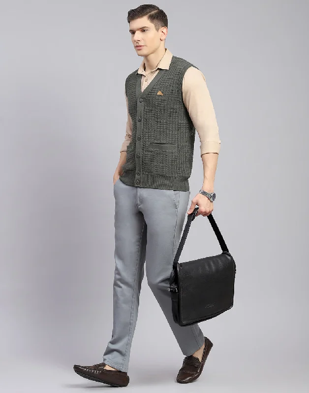 Men's Sweaters with Button-Up CollarsMen Olive Self Design V Neck Sleeveless Sweater