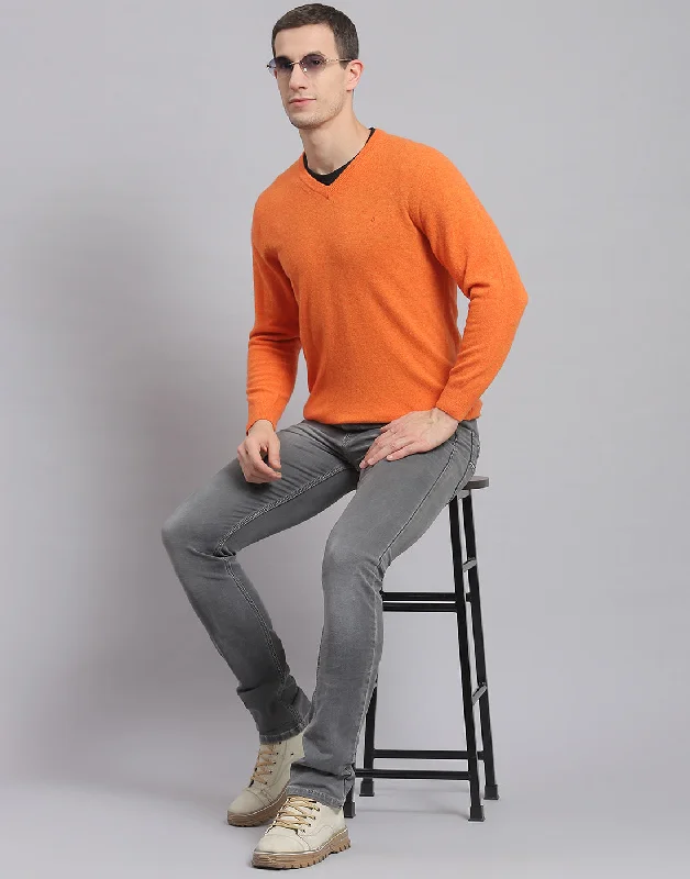 Men's Sweaters with Elastic WaistbandsMen Orange Solid V Neck Full Sleeve Sweater