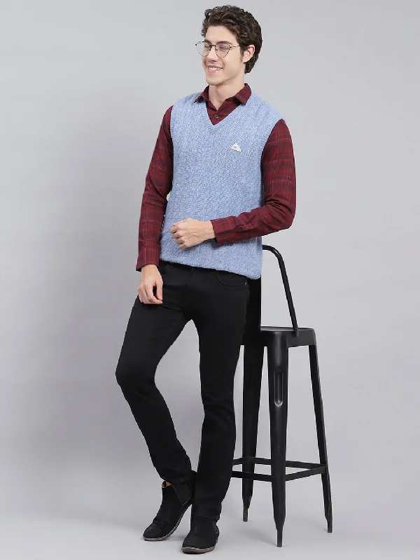 Men's Sweaters for LayeringMen Sky Blue Self Design Lamb wool Sweater