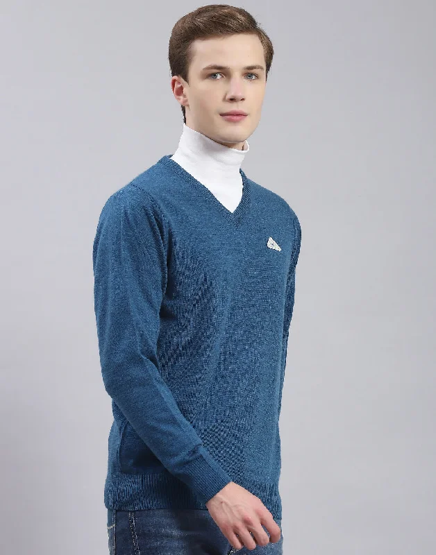 Men's Sweaters with Short SleevesMen Blue Solid V Neck Full Sleeve Sweater