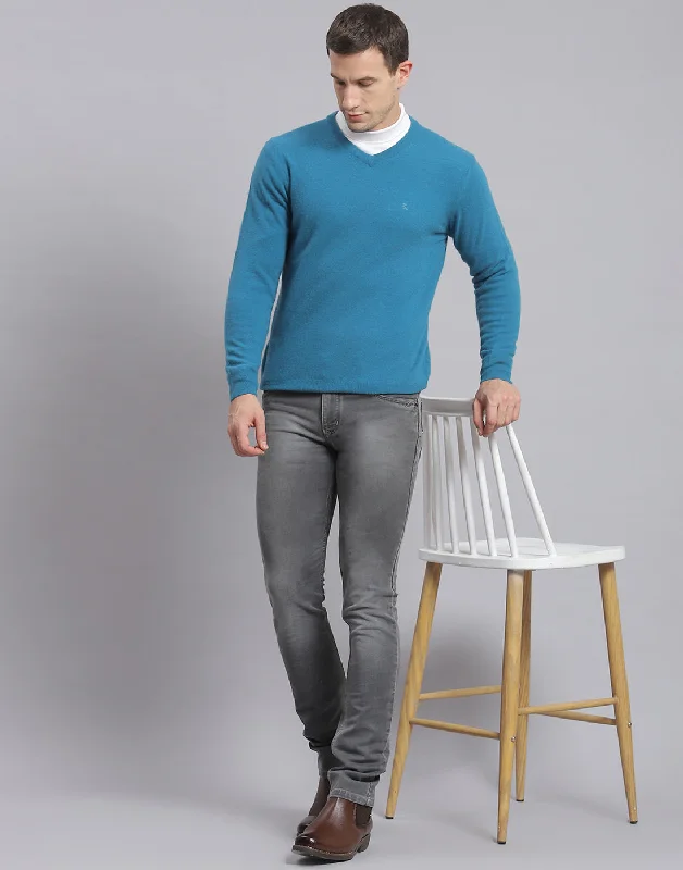 Men's Sweaters with Hooks and LoopsMen Teal Blue Solid V Neck Full Sleeve Sweater