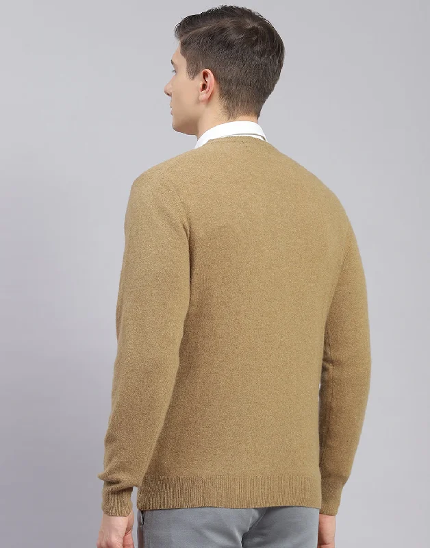 Men's Sweaters with SnapsMen Brown Solid V Neck Full Sleeve Sweater