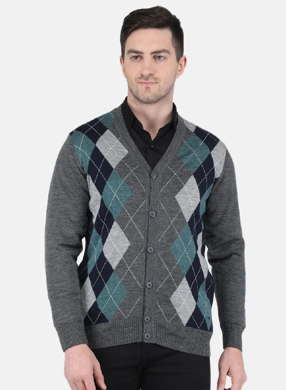 Men's Sweaters with Flat-Front DesignsMen Grey Printed Cardigan