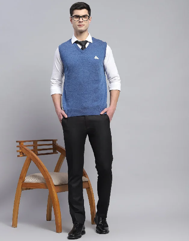 Men's Sweaters with Embroidered DesignsMen Blue Solid V Neck Sleeveless Sweater