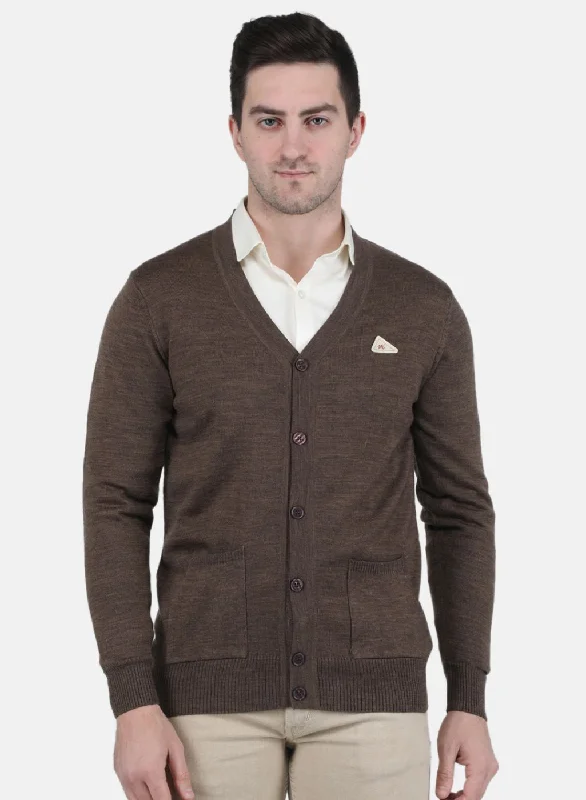 Men's Sweaters with Built-In ScarvesMen Brown Solid Cardigan