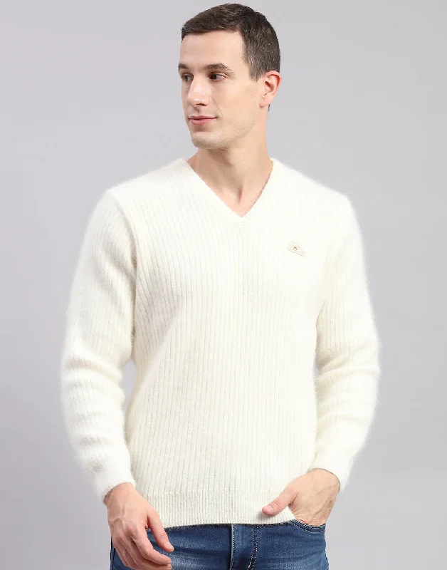 Men's Sweaters with Unique and Custom DesignsMen Off White Solid V Neck Full Sleeve Sweaters/Pullovers