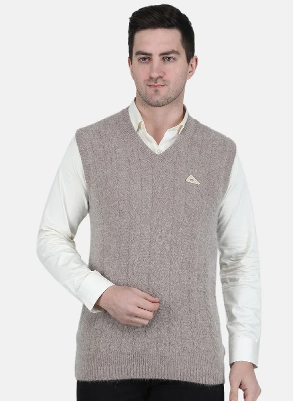 Men's Sweaters with Asymmetrical HemlinesMen Beige Self Design Sweater