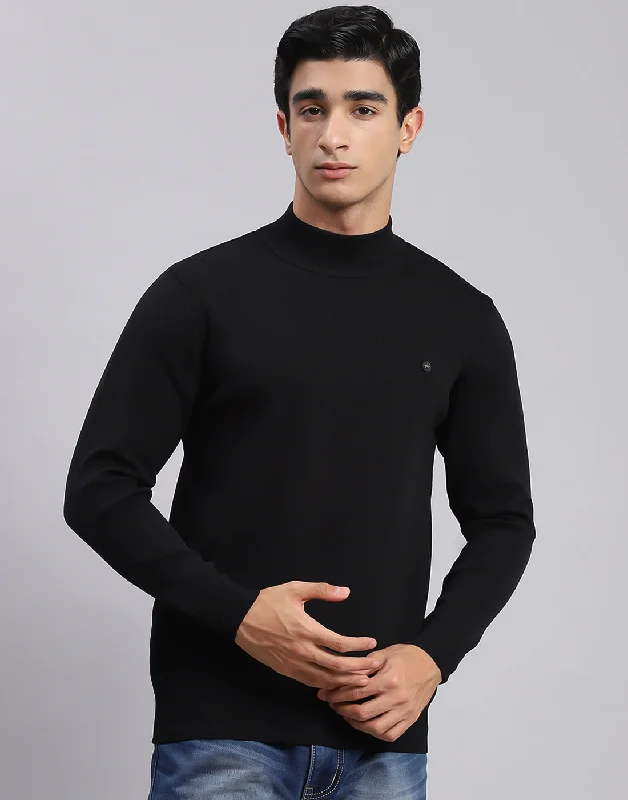 Men's Sweaters for SpringMen Black Solid T Neck Full Sleeve Sweaters/Pullovers