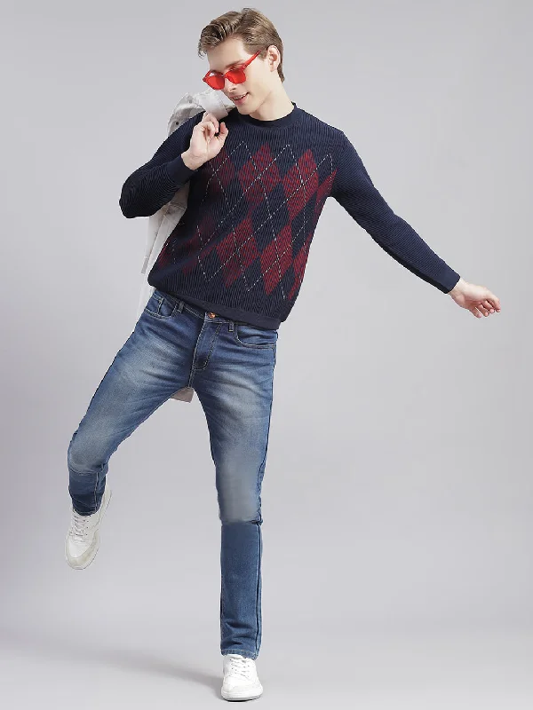 Classic Men's Wool SweatersMen Navy Blue Self Design Round Neck Full Sleeve Sweaters/Pullovers