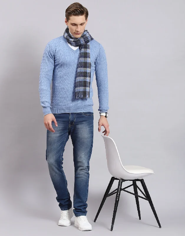 Men's Sweaters with Built-In ScarvesMen Blue Self Design V Neck Full Sleeve Sweater