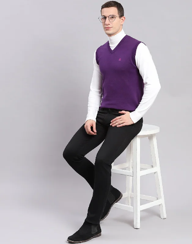 Men's Sweaters with Stand-Up CollarsMen Purple Solid V Neck Sleeveless Sweaters/Pullovers