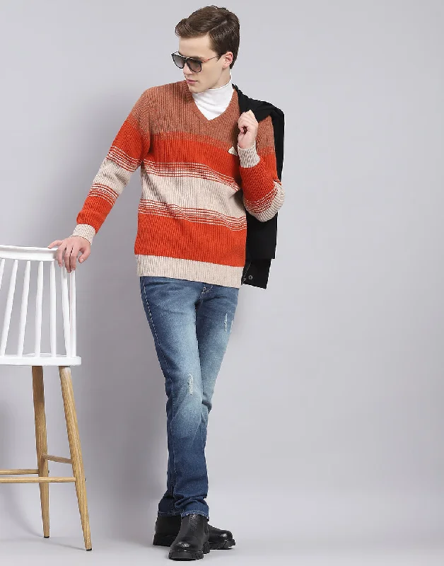 Men's Sweaters for WinterMen Rust Stripe V Neck Full Sleeve Sweater