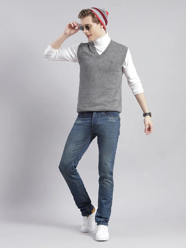 Men's Sweaters with Roll-Neck DesignsMen Grey Solid V Neck Sleeveless Sweaters/Pullovers