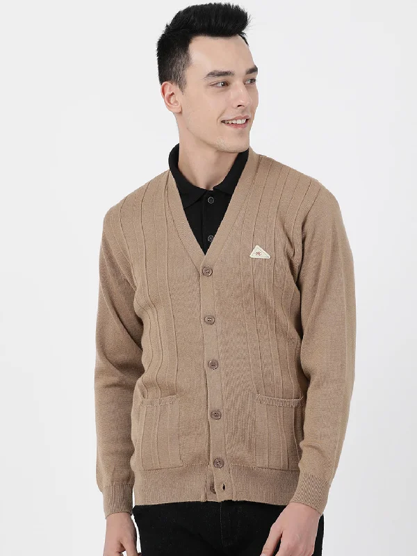 Solid-Colored Men's SweatersMen Khaki Solid V Neck Full Sleeve Cardigan