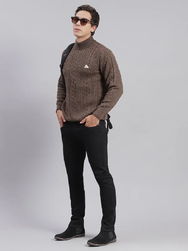 Men's Sweaters for Everyday WearMen Brown Self Design T Neck Full Sleeve Sweaters/Pullovers