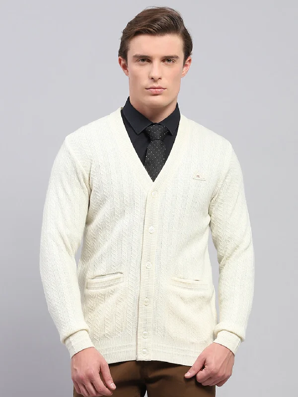 Men's Sweaters with PocketsMen White Self Design V Neck Full Sleeve Cardigan