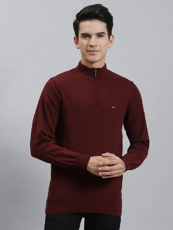 Fashionable Men's Crew-Neck SweatersMen Maroon Solid Stand Collar Full Sleeve Sweaters/Pullovers