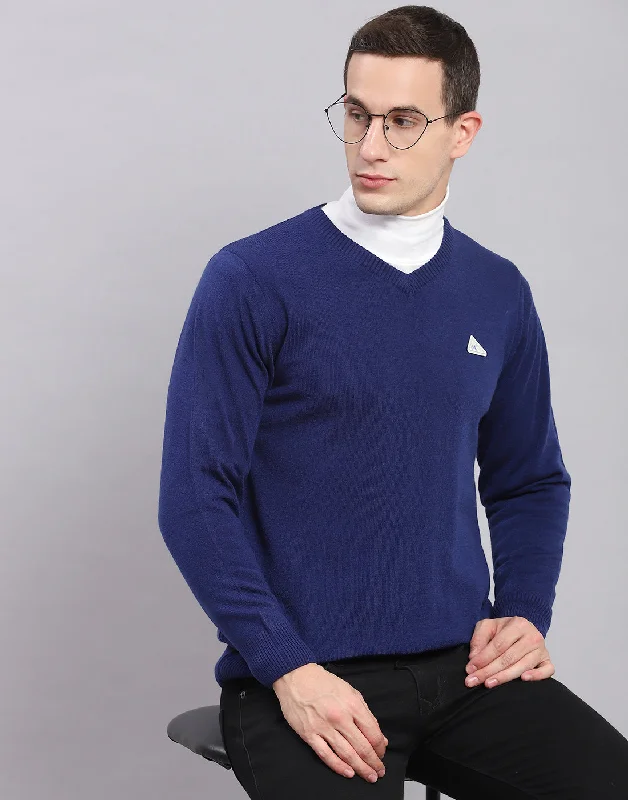 Men's Sweaters with ButtonsMen Blue Solid V Neck Full Sleeve Sweaters/Pullovers