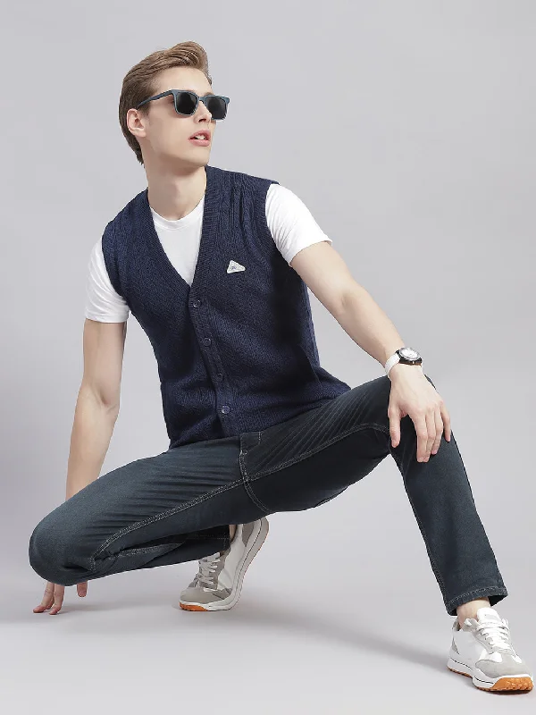 Men's Sweaters for Dressy EventsMen Navy Blue Self Design V Neck Sleeveless Cardigans