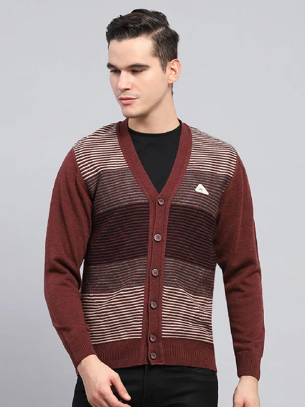 Striped Men's SweatersMen Maroon Stripe V Neck Full Sleeve Cardigan