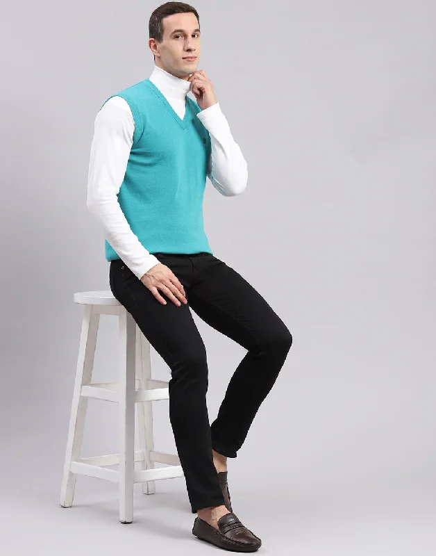 Men's Sweaters in Bright ColorsMen Turquoise Blue Solid V Neck Sleeveless Sweaters/Pullovers