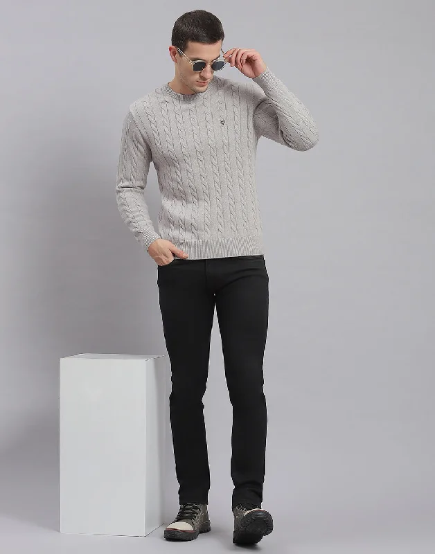 Men's Sweaters in Neutral ColorsMen Grey Self Design Round Neck Full Sleeve Sweater