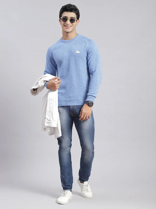 Men's Sweaters with Hooks and LoopsMen Blue Solid Round Neck Sweater