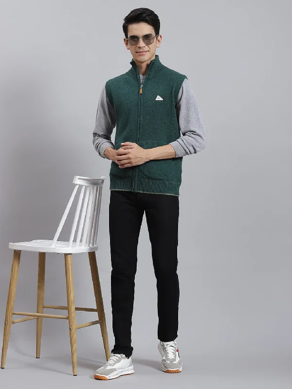 Versatile Men's Zip-Up SweatersMen Green Solid Stand Collar Sleeveless Sweaters/Pullovers